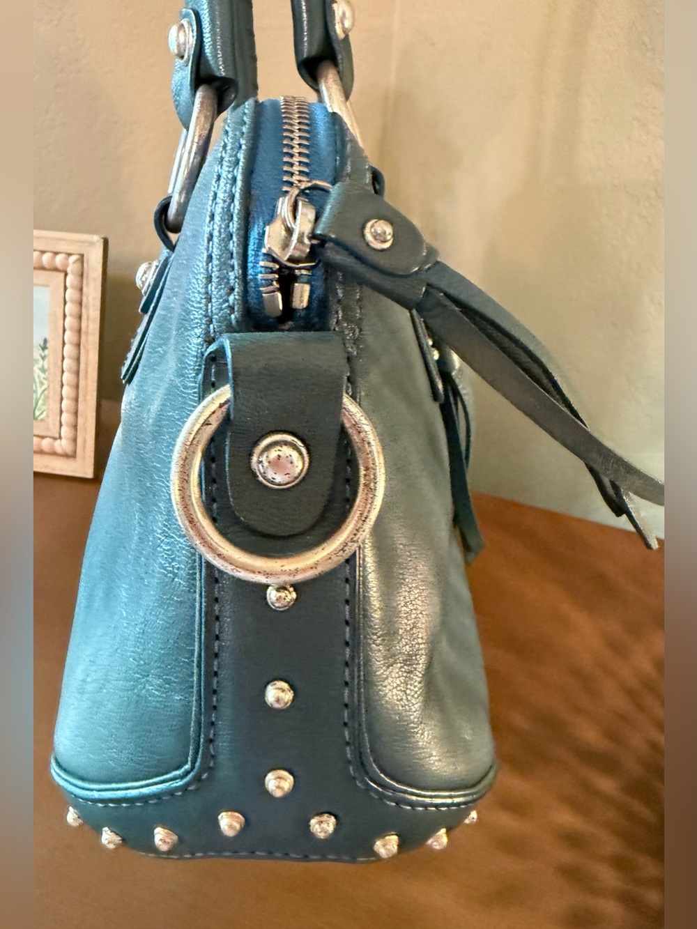 Michael Kors Vintage East West Teal Leather Shoulder Bag with Studded Zip Pocket - Picture 5 of 15